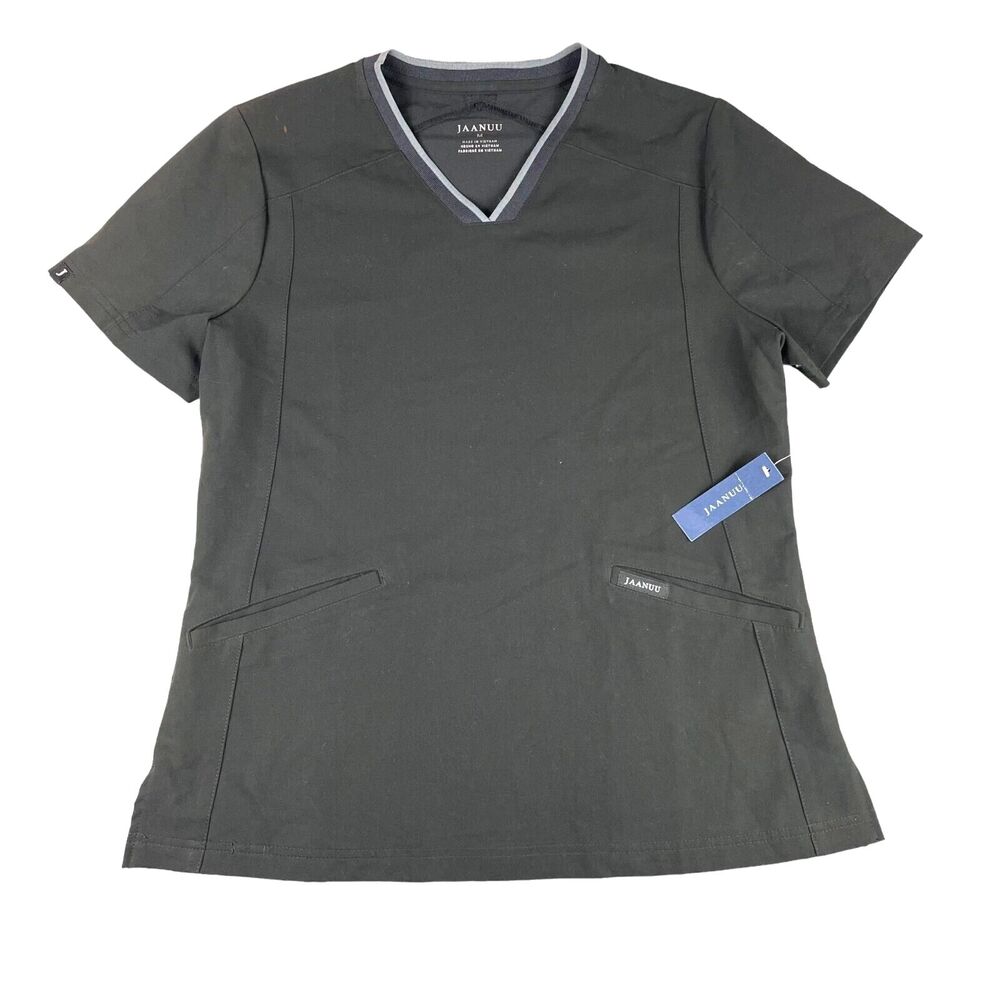 Jaanuu Scrub Top Women's Medium Black Short Sleeve Medical V-Neck Pockets NWT